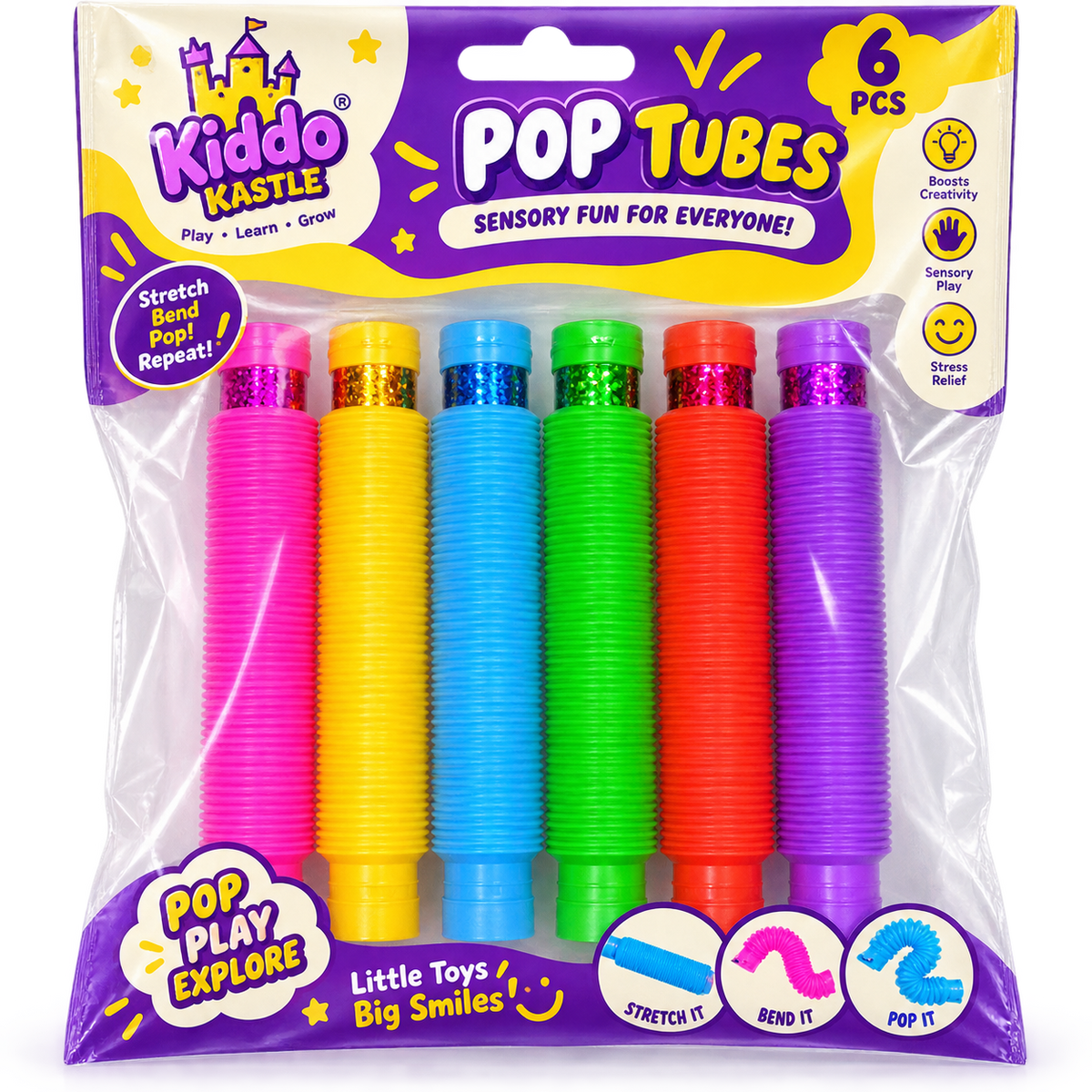 Kiddo Kastle Light-Up Pop Tubes – Expandable Sensory Fidget Toy for Kids