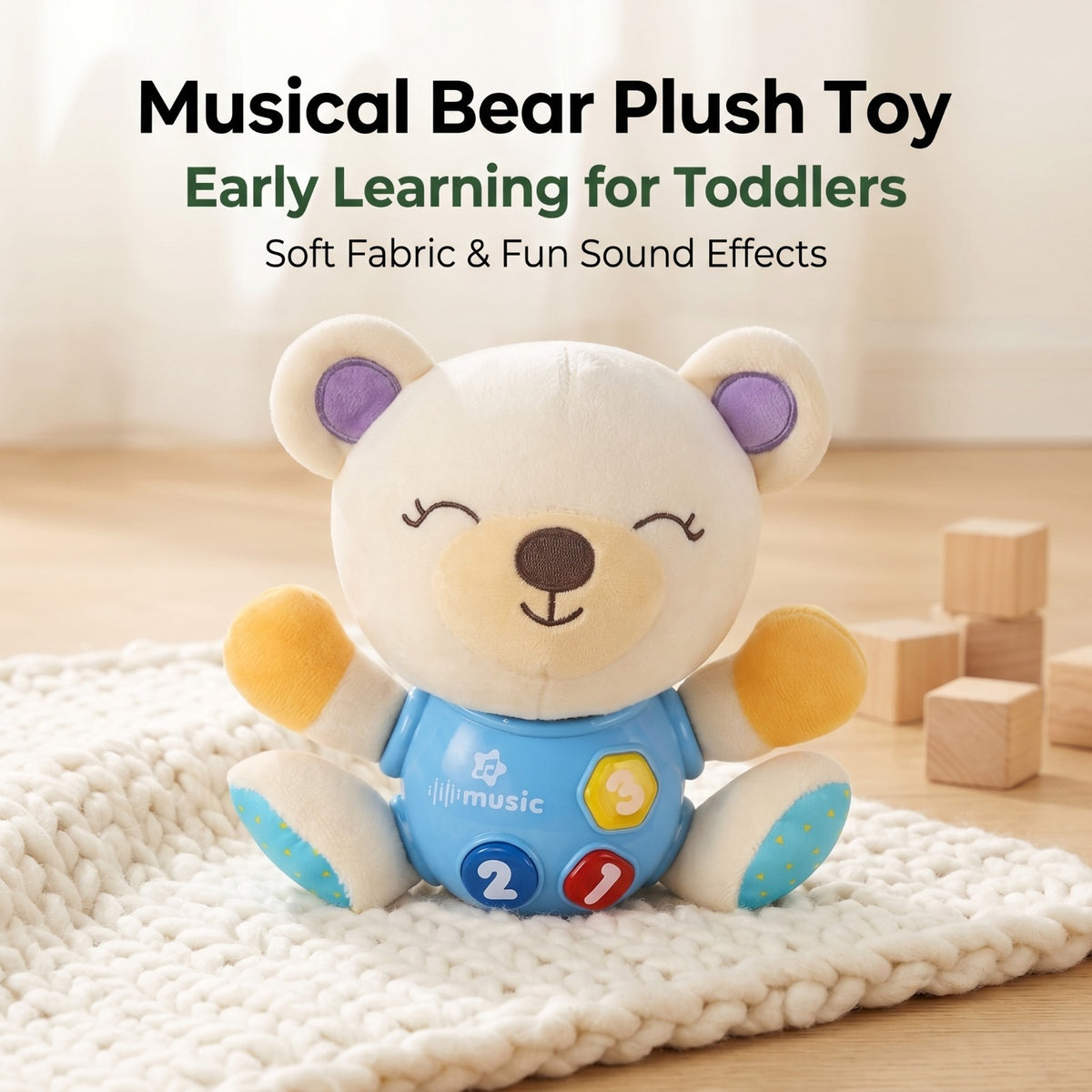 Kiddo Kastle - Musical Bear Plush Toy for Babies & Toddlers – Soft Animal Toy with Music & Learning Buttons