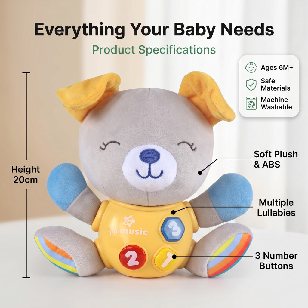 Kiddo Kastle - Musical Bear Plush Toy for Babies & Toddlers – Soft Animal Toy with Music & Learning Buttons