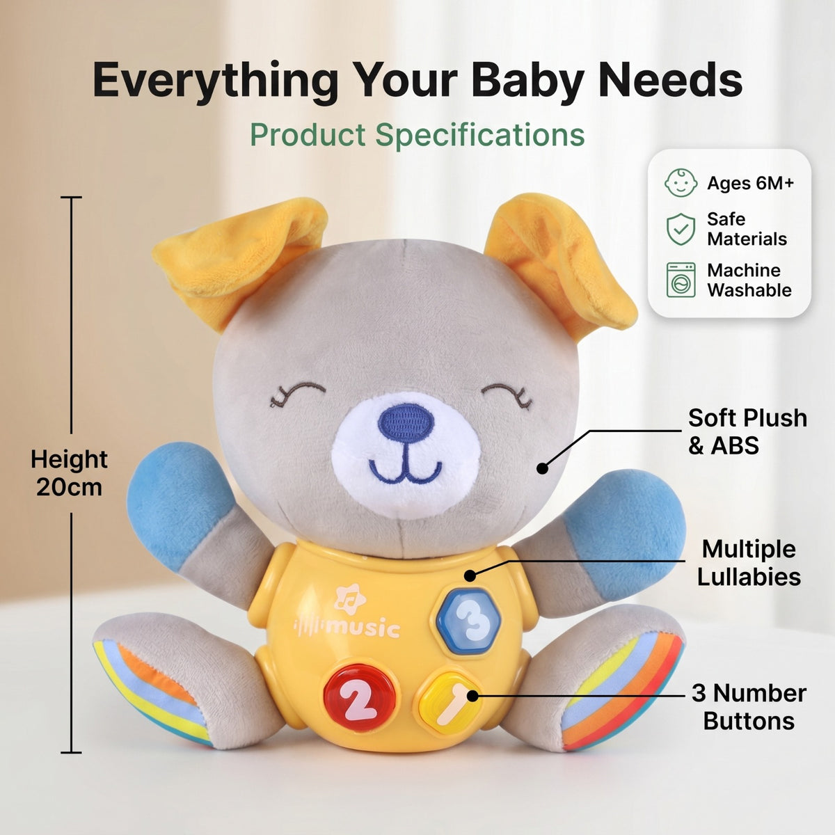Kiddo Kastle - Musical Bear Plush Toy for Babies & Toddlers – Soft Animal Toy with Music & Learning Buttons