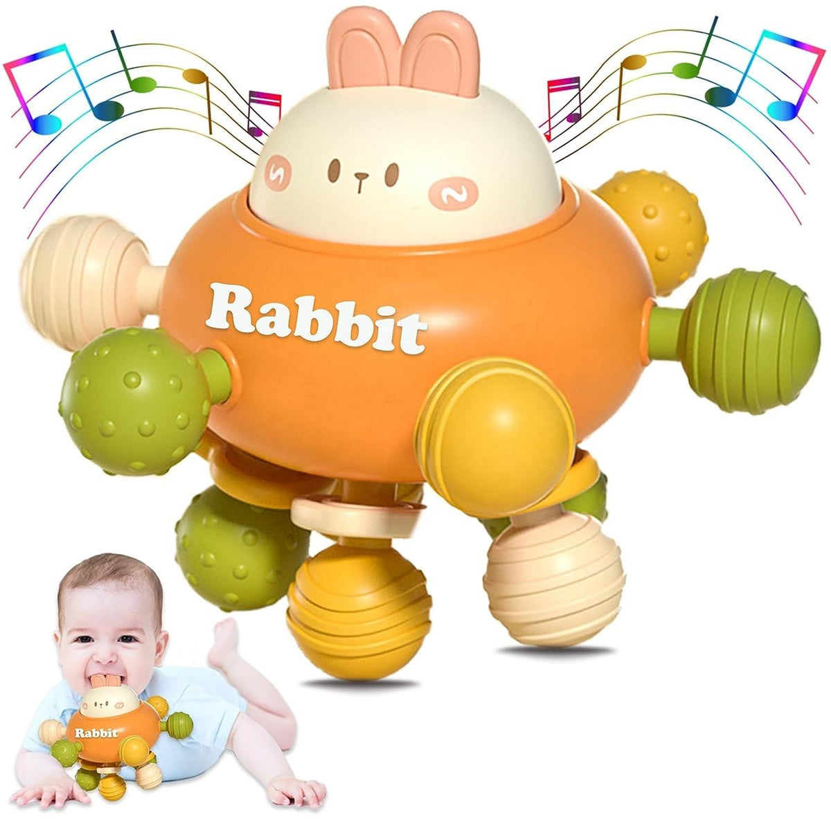 Kiddo Kastle - Rabbit Sensory Teething Toy for Babies | 360° Rotating Silicone Baby Teether Ball
