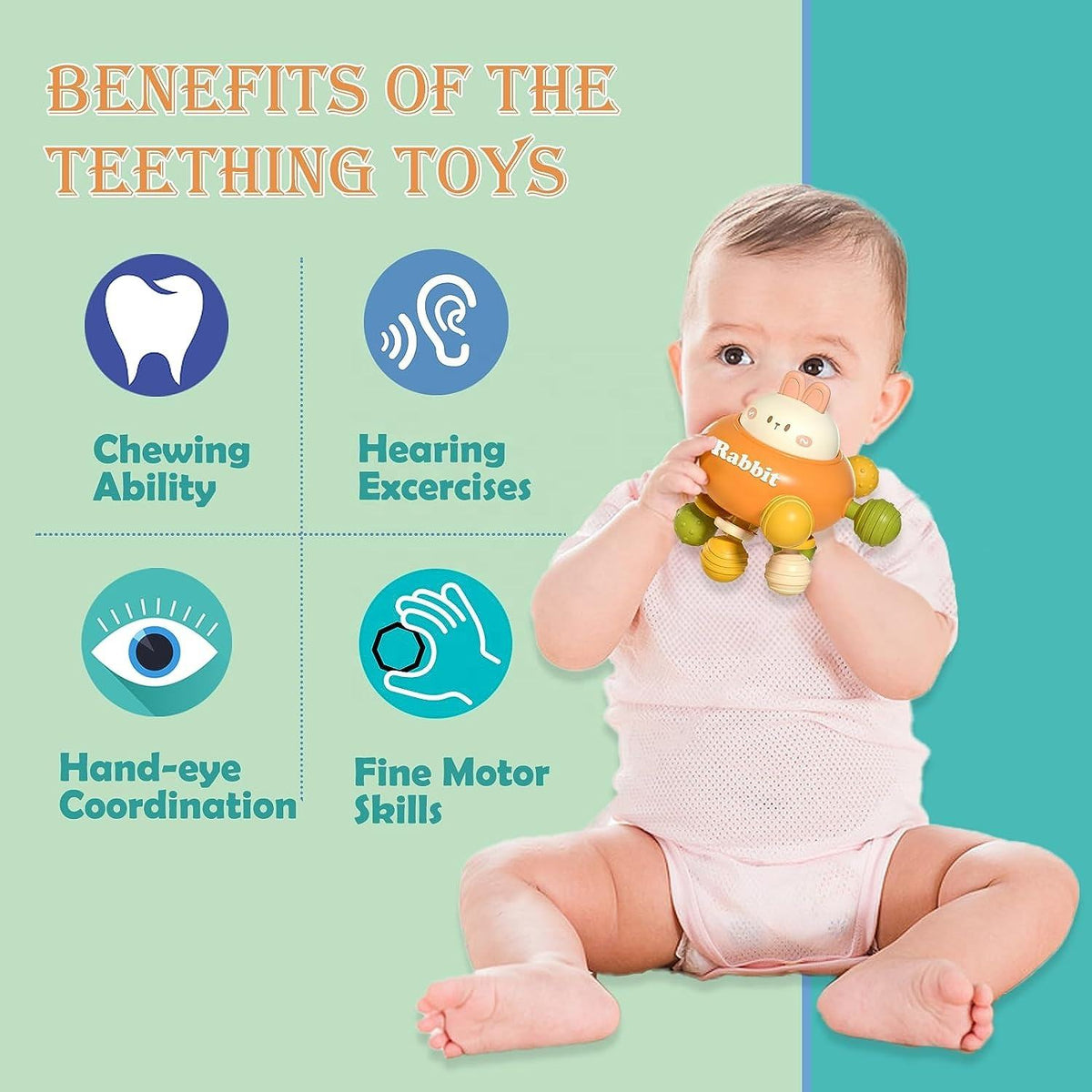 Kiddo Kastle - Rabbit Sensory Teething Toy for Babies | 360° Rotating Silicone Baby Teether Ball