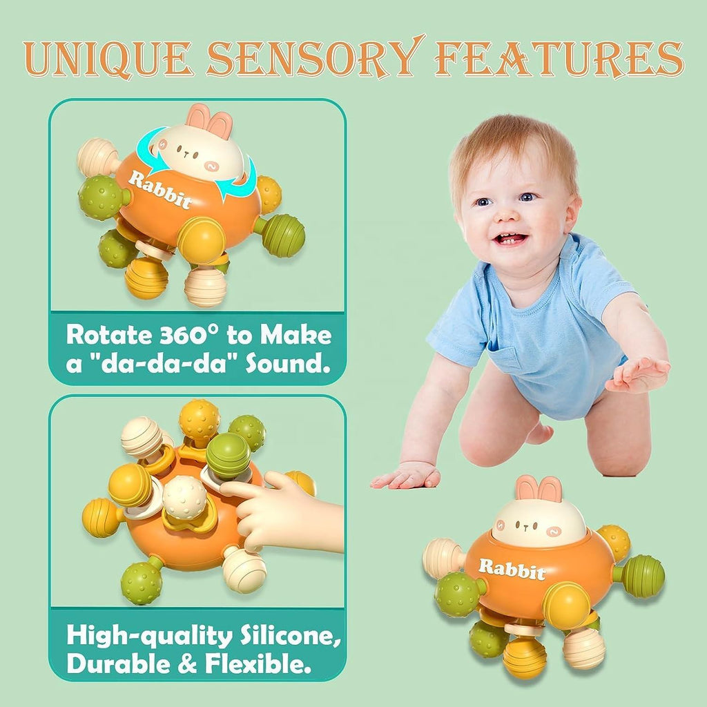 Kiddo Kastle - Rabbit Sensory Teething Toy for Babies | 360° Rotating Silicone Baby Teether Ball