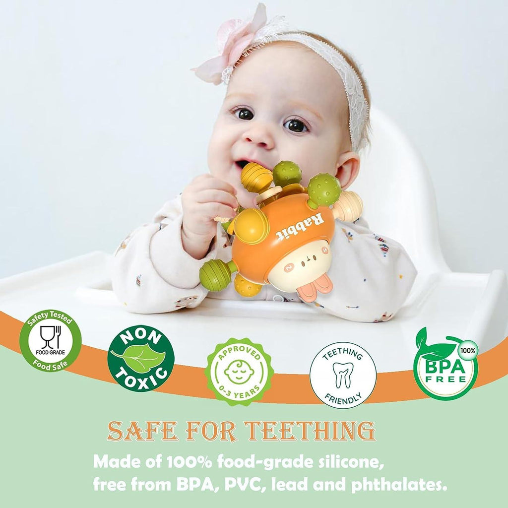 Kiddo Kastle - Rabbit Sensory Teething Toy for Babies | 360° Rotating Silicone Baby Teether Ball