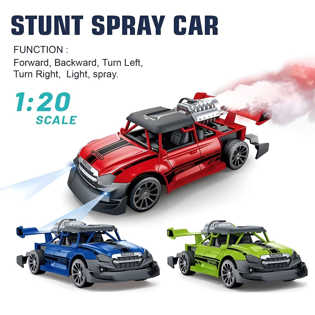 Kiddo Kastle Remote Control Spray Racing Stunt Car – 1:20 Scale Drift RC Car with Light & Smoke Spray Effect