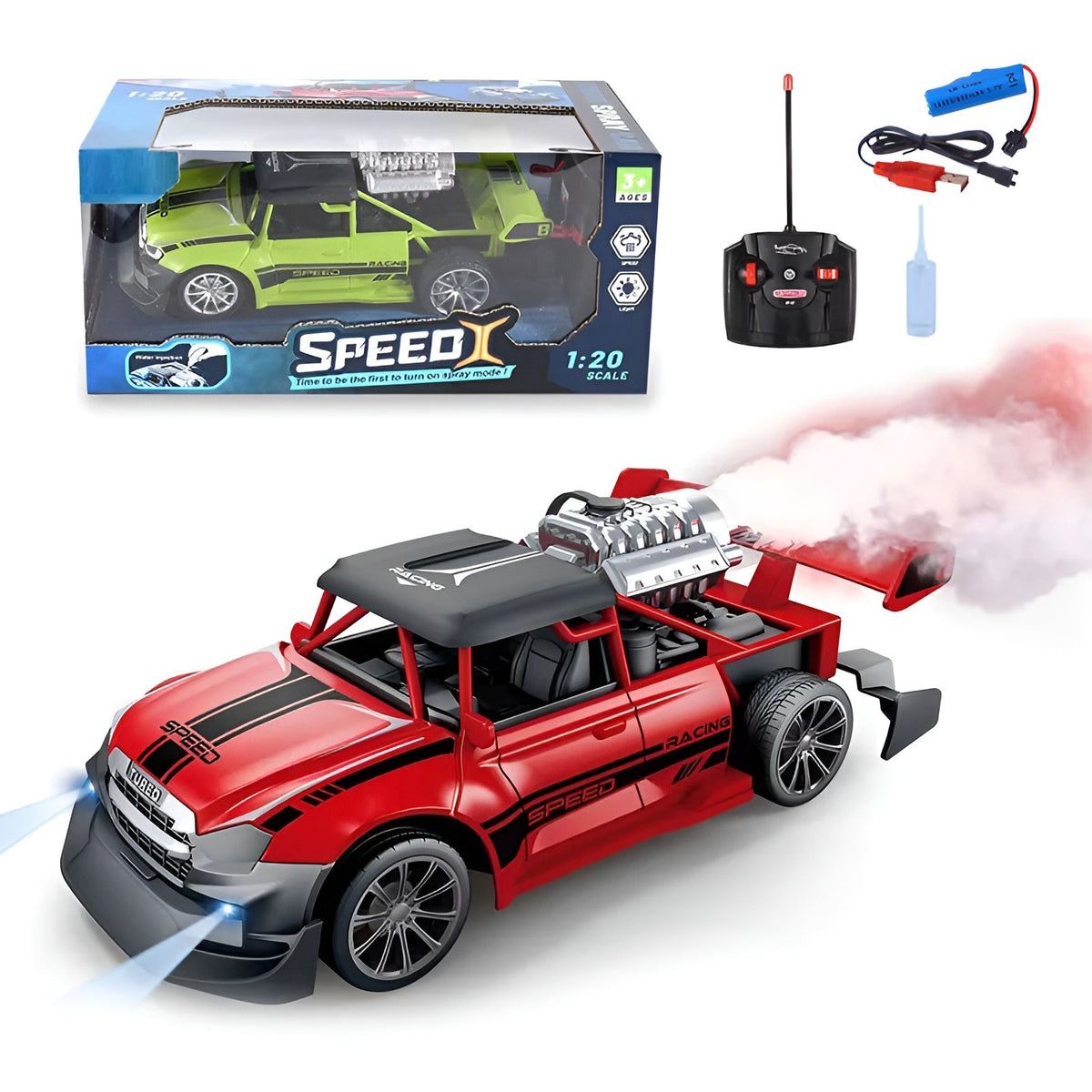 Kiddo Kastle Remote Control Spray Racing Stunt Car – 1:20 Scale Drift RC Car with Light & Smoke Spray Effect