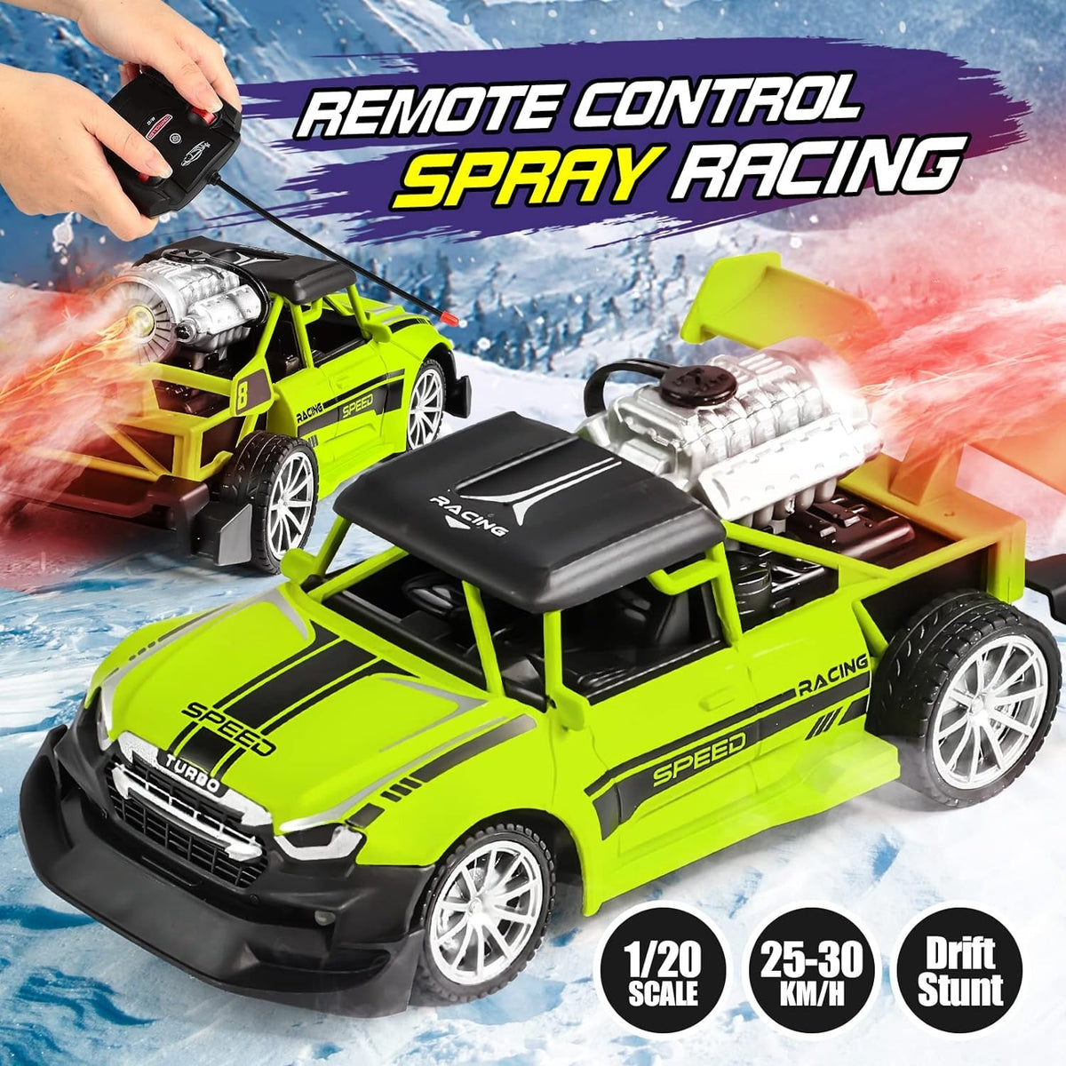 Kiddo Kastle Remote Control Spray Racing Stunt Car – 1:20 Scale Drift RC Car with Light & Smoke Spray Effect