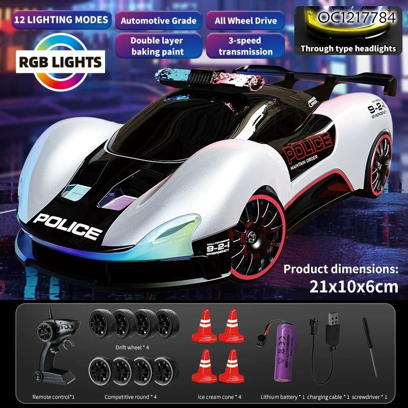 4WD RC police-style drift car with 12 RGB lighting modes, 3-speed control and accessories
