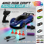 RGB RC racing car with 3-speed remote control, front light glow and replaceable tires