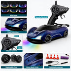 Blue RGB RC drift racing car with remote control and complete accessories