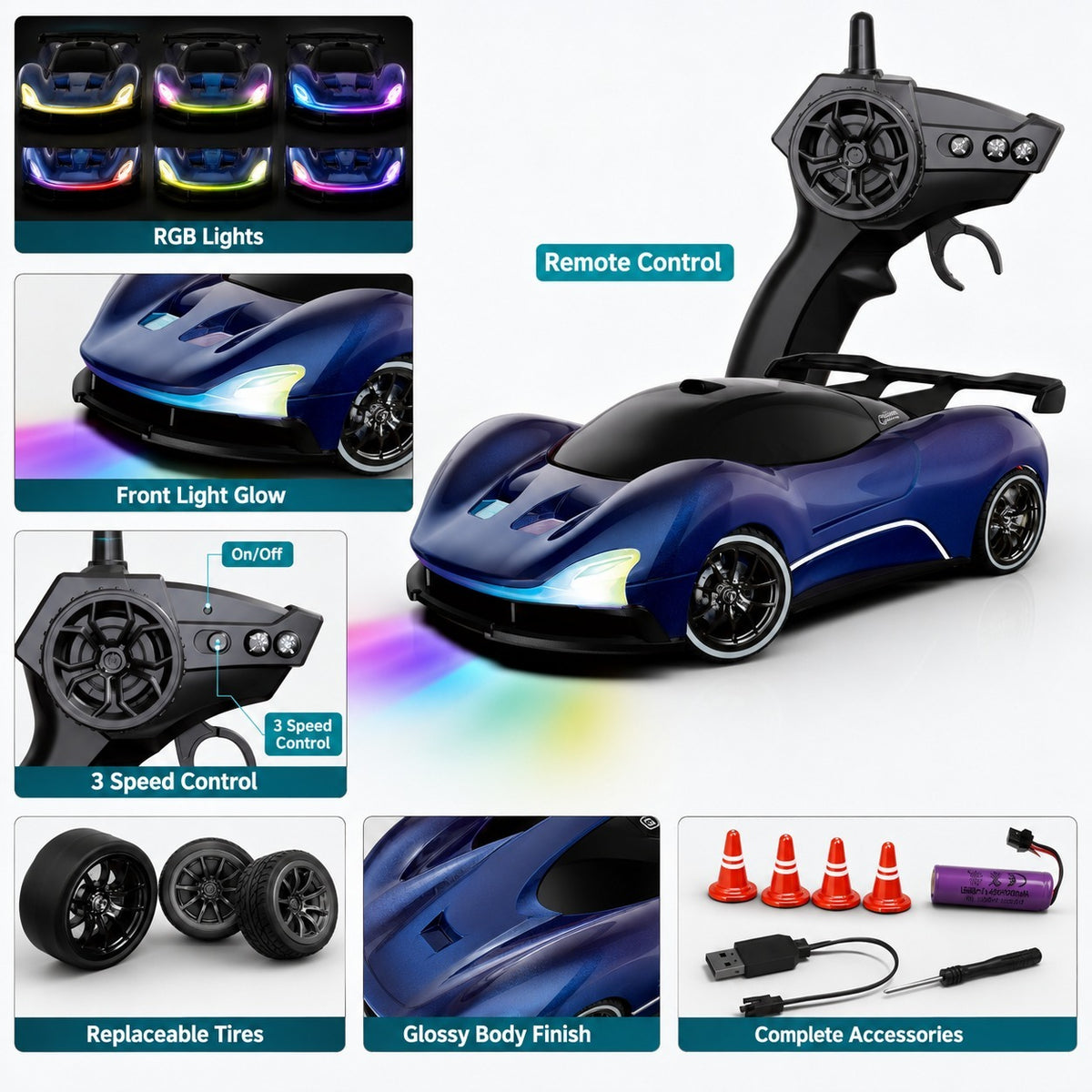 Blue RGB RC drift racing car with remote control and complete accessories
