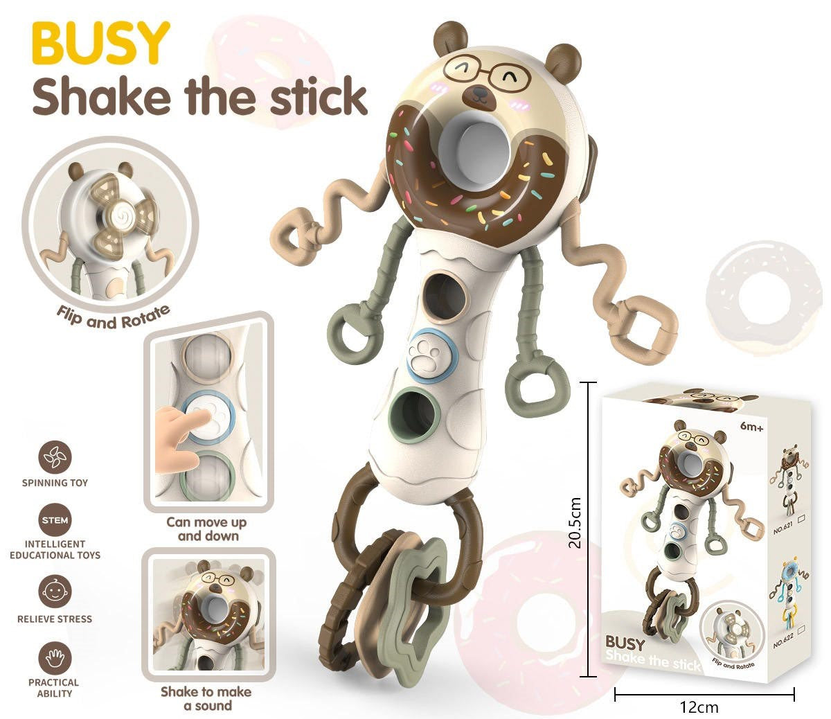 Busy Shake the Stick baby fidget toy with spinning donut head and movable parts