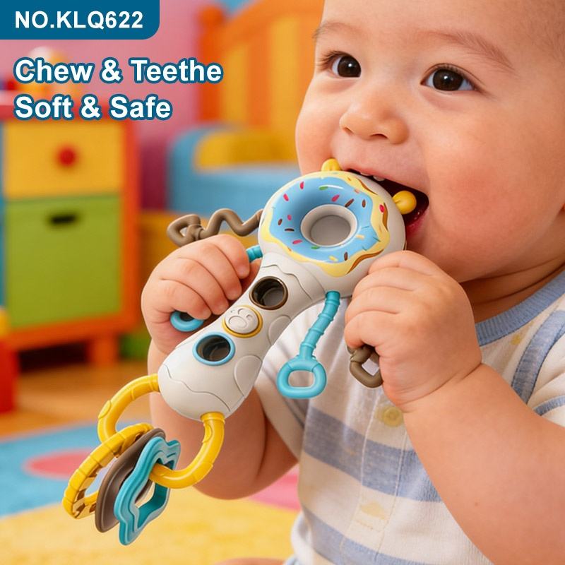 Baby using Busy Shake the Stick teether sensory toy