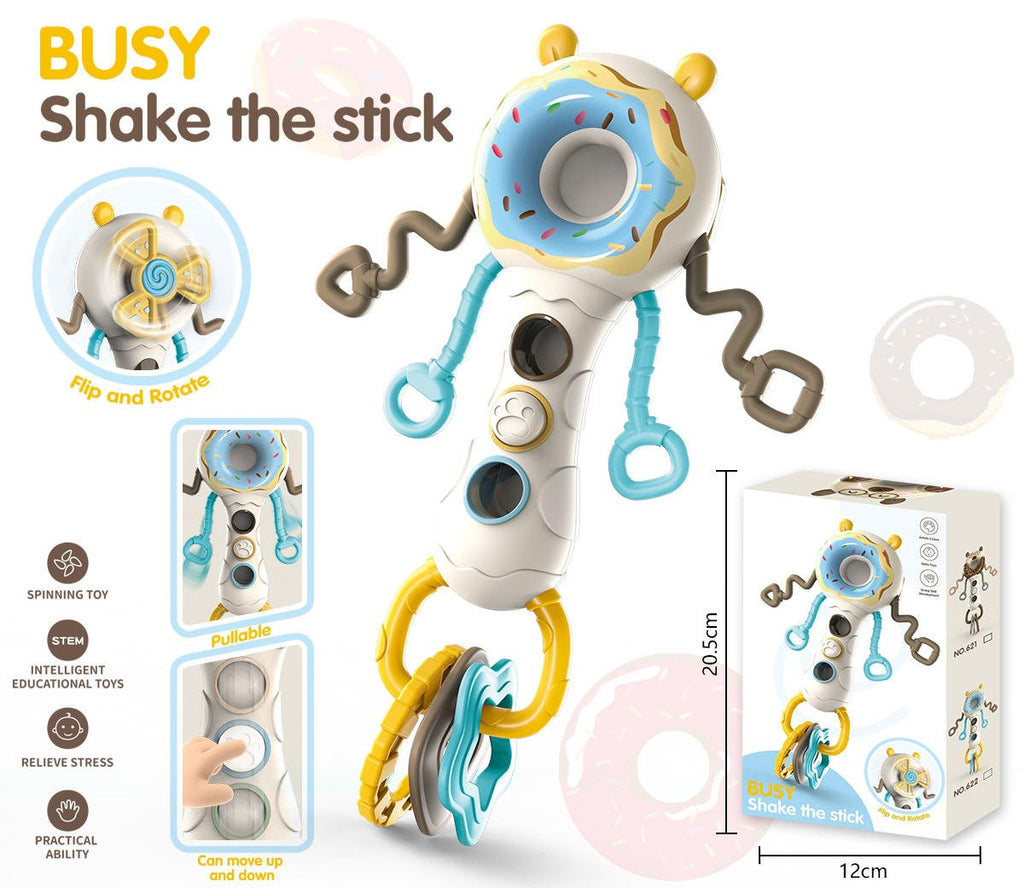 Busy Shake the Stick baby sensory toy with blue donut design and packaging
