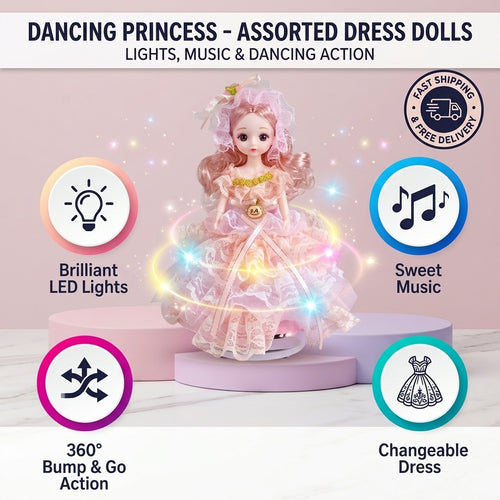 Dancing Princess doll with bright LED lights, music, 360-degree bump-and-go action and changeable dress