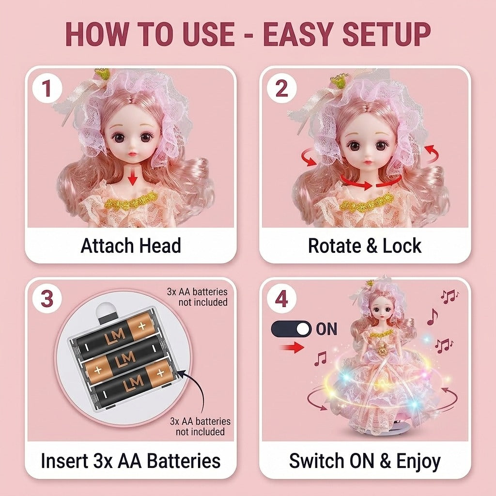 Dancing Princess doll easy setup with detachable head and 3 AA battery compartment