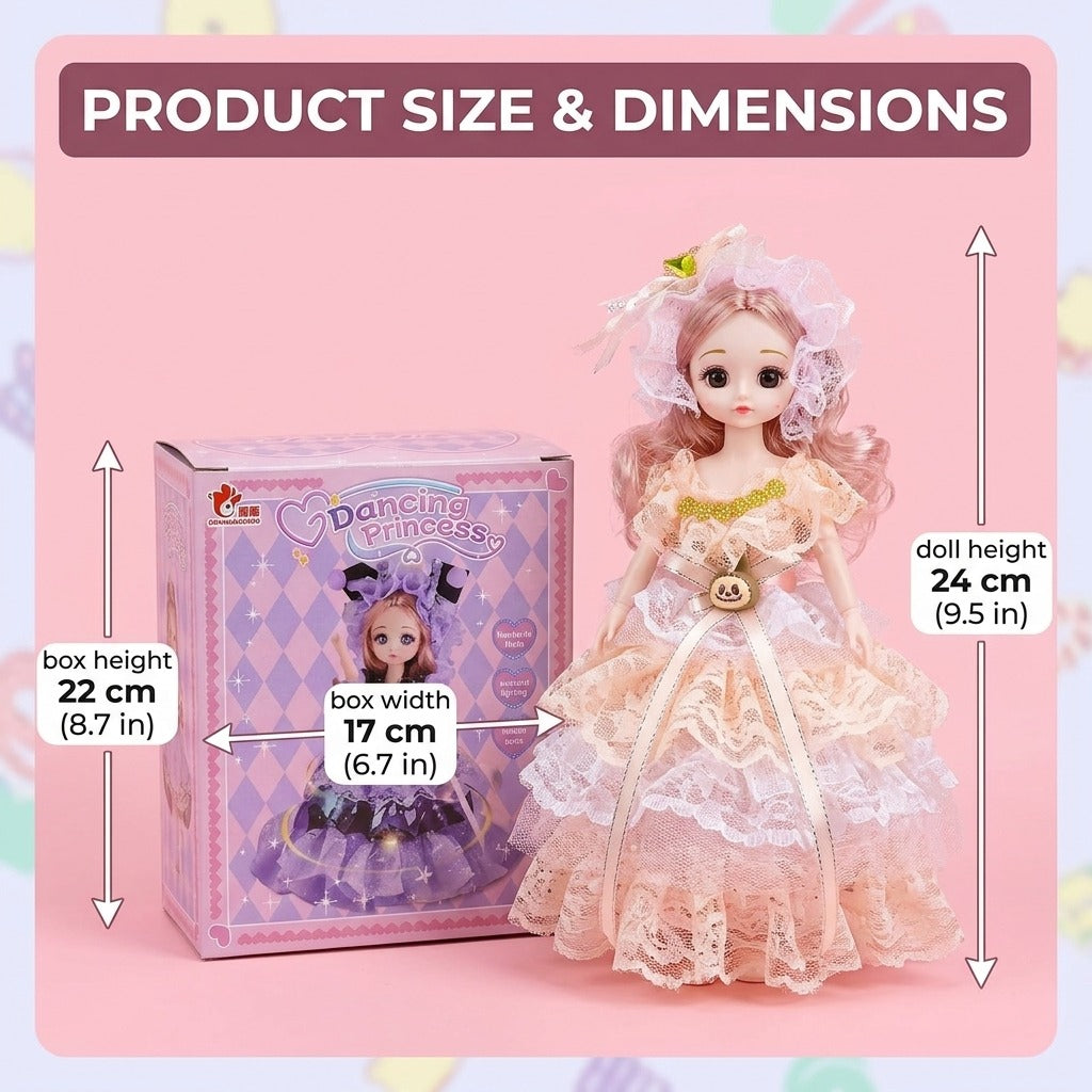 Dancing Princess doll size and packaging dimensions, approximately 24 cm tall