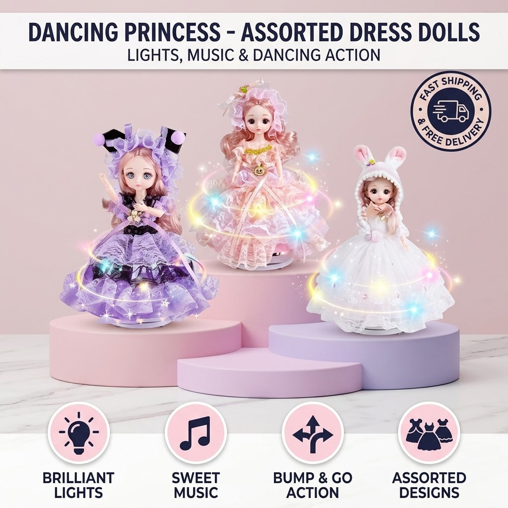 Dancing Princess assorted dolls with colorful LED lights, music and bump-and-go action