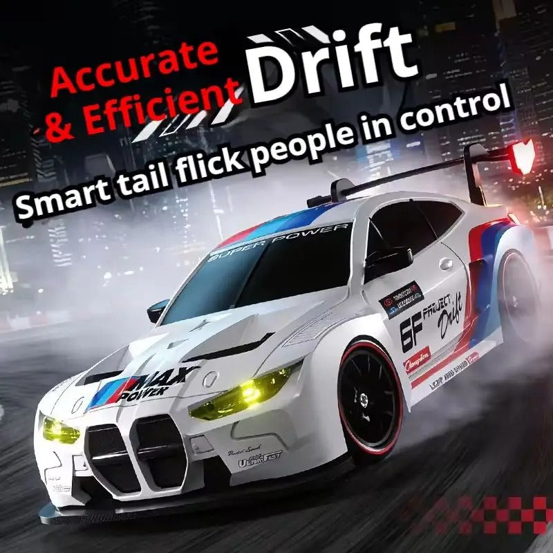 White RC drift car showing LED headlights and realistic drifting action