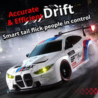 White RC drift car showing LED headlights and realistic drifting action