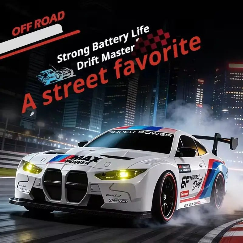 RC drift car with LED lights, strong battery life and drift-focused design