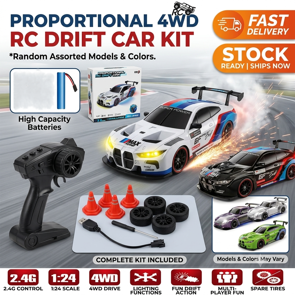 Proportional 4WD RC drift car kit with 2.4G control, 1:24 scale, LED functions and spare tires