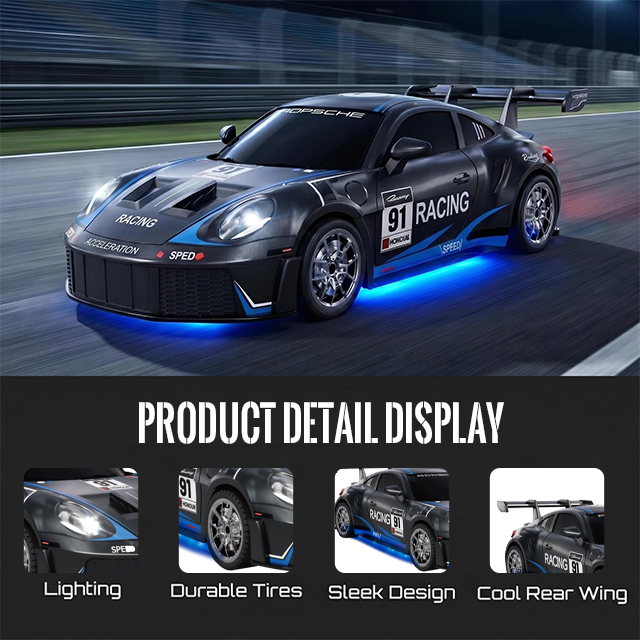 1:24 RC Porsche 911 GT3 style racing car with LED lighting, durable tires and rear wing