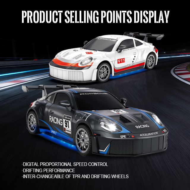 RC racing car with digital proportional speed control, drifting performance and interchangeable tires