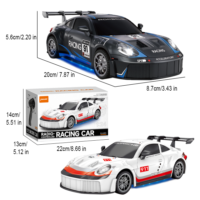 1:24 RC racing car dimensions showing 20 cm car length and assorted black and white models