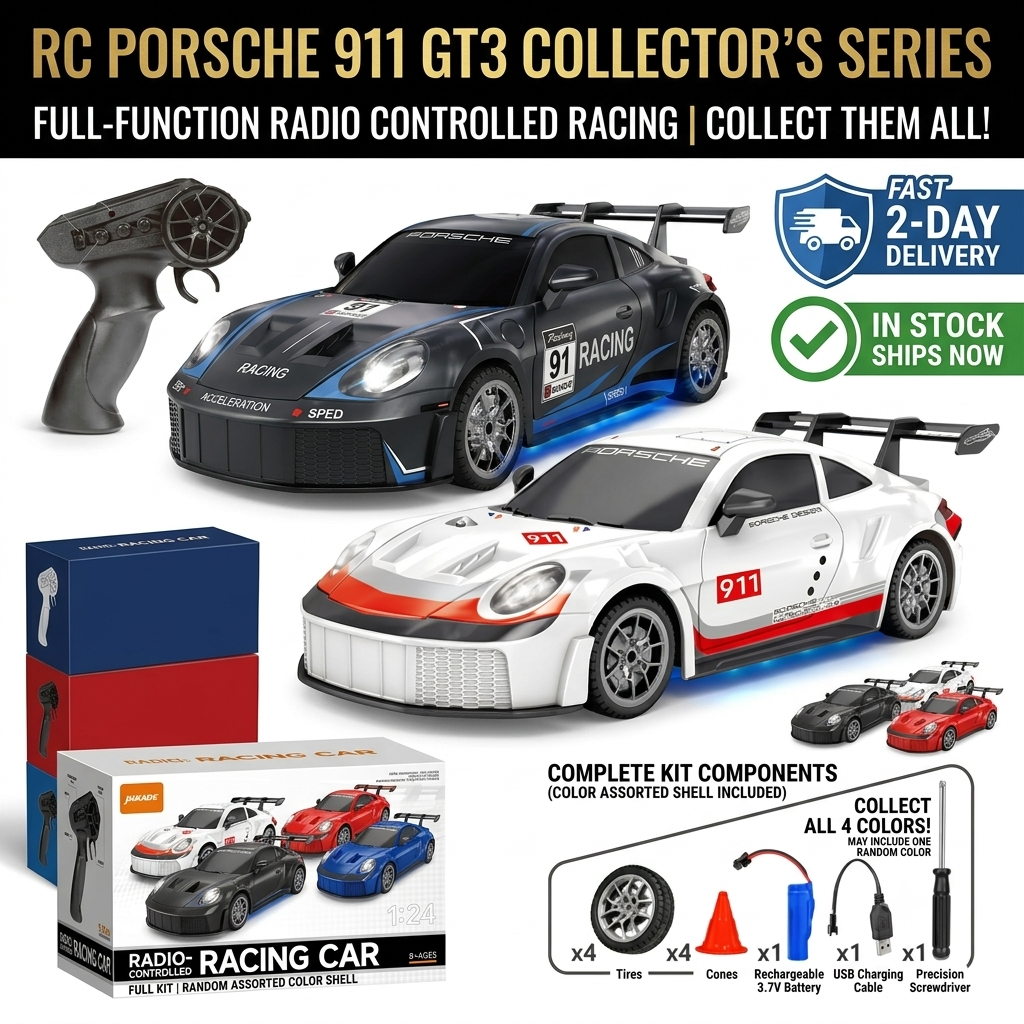 Complete 1:24 RC racing car kit with remote, rechargeable battery, USB cable, spare tires, cones and screwdriver