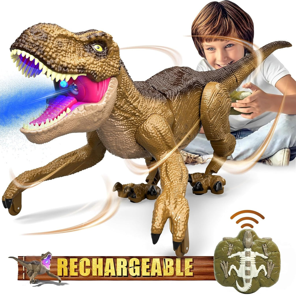Rechargeable remote control dinosaur toy with light and mist effect